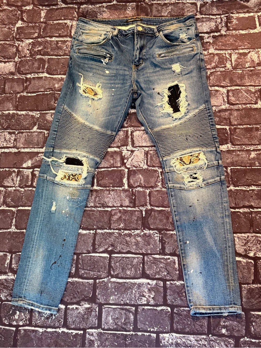 Slim Ripped Light Blue Moto Jeans for Men 38x32